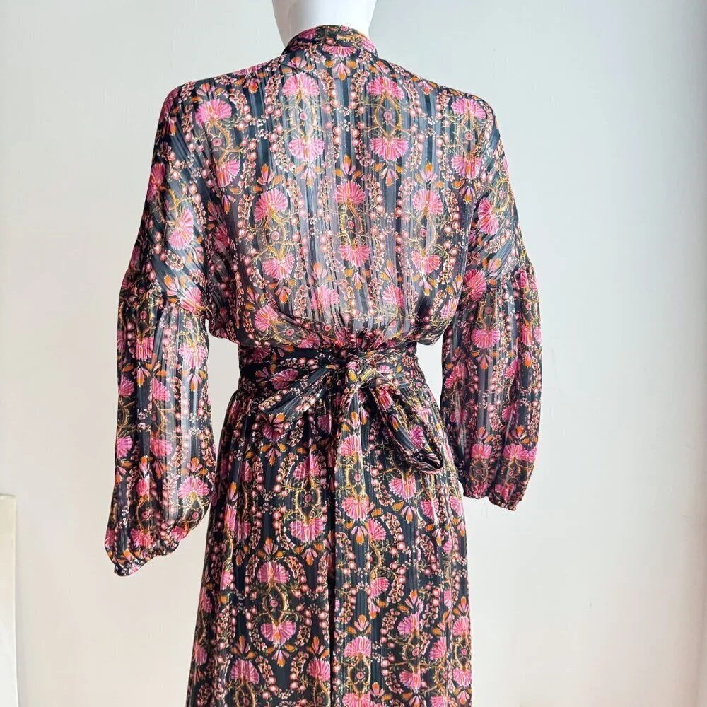 Zara Dark Florals Wrap Long Sleeve Chiffon Maxi Dress S - Picture 7 of 9